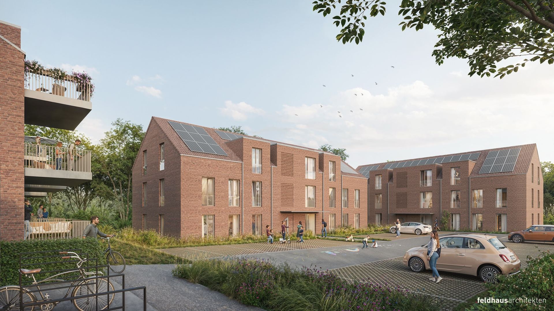 Visualisierung des Neubauprojekts Parkstraße 16 in Riesenbeck: zwei Mehrfamilienhäuser aus rotem Klinker mit Solardächern
